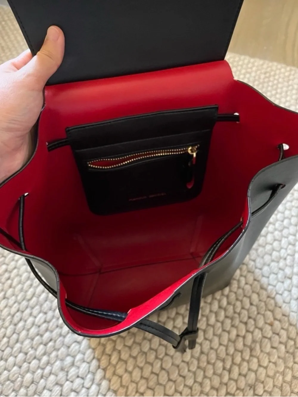 Mansur Gavriel Black Smooth Leather Backpack with Subtle Red Trim